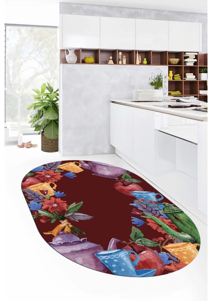 Dijital Baskılı Kaymaz Taban Renkli Fincan Motifli Oval Mutfak Halısı, O-Mutfak-25-Renkli, fırsatları