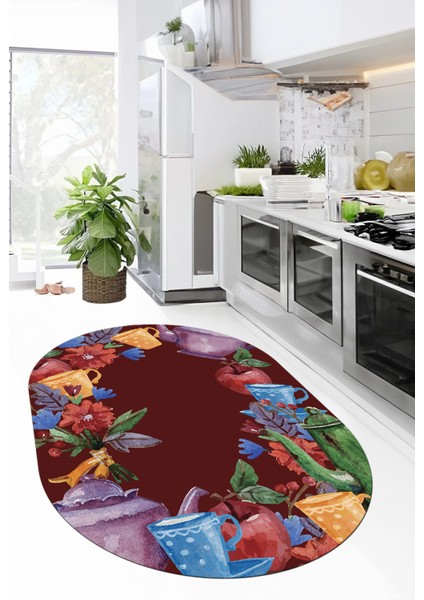 Dijital Baskılı Kaymaz Taban Renkli Fincan Motifli Oval Mutfak Halısı, O-Mutfak-25-Renkli, indirimleri