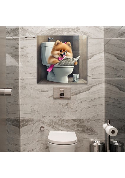 Tekli Kare Kanvas Banyo Tablosu Gazete Okuyan Pembe Pomarian Köpek
