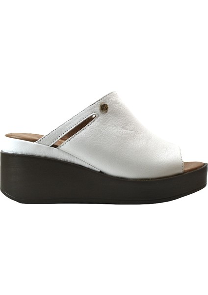 1403 Hakiki Deri Beyaz Platform Yüksek Topuklu Kadın Terlik