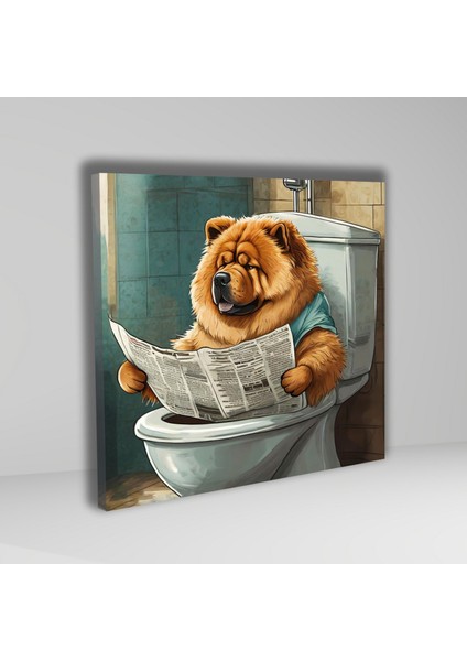 Tekli Kare Kanvas Banyo Tablosu Gazete Okuyan Chow Chow Köpek