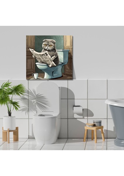 Tekli Kare Kanvas Banyo Tablosu Gazete Okuyan Scottish Kedi