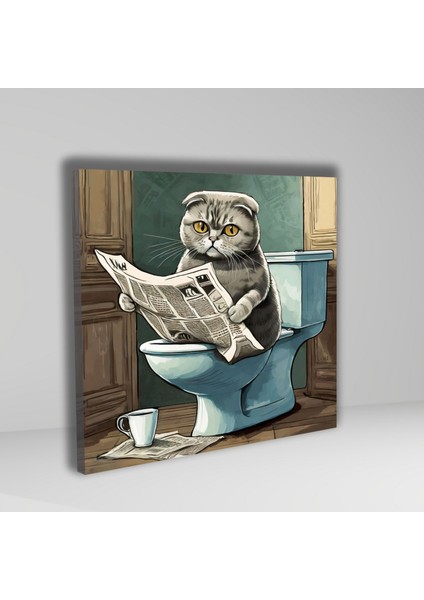 Tekli Kare Kanvas Banyo Tablosu Gazete Okuyan Scottish Kedi fiyatları