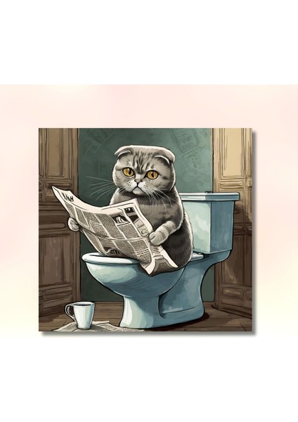 Tekli Kare Kanvas Banyo Tablosu Gazete Okuyan Scottish Kedi modelleri