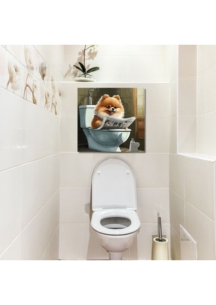 Tekli Kare Kanvas Banyo Tablosu Gazete Okuyan Pomarian Köpek