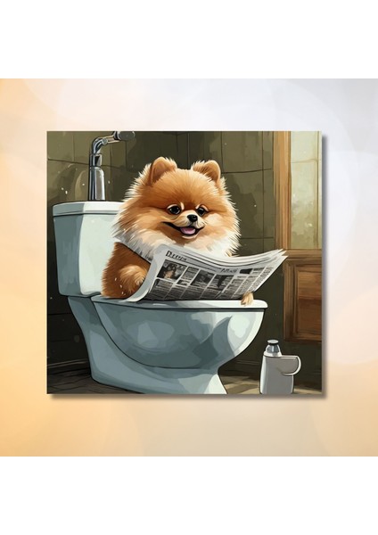 Tekli Kare Kanvas Banyo Tablosu Gazete Okuyan Pomarian Köpek