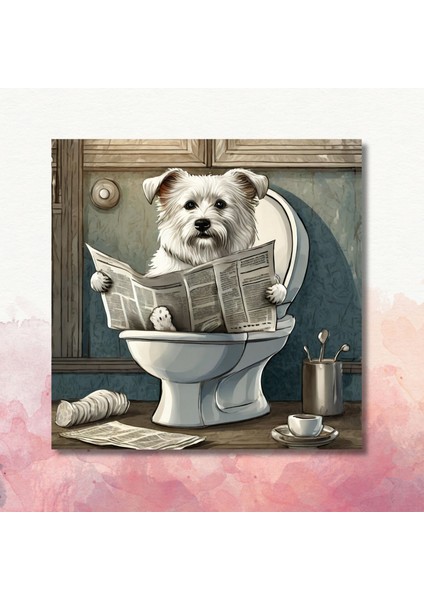 Tekli Kare Kanvas Banyo Tablosu Gazete Okuyan Terrier Köpek modelleri