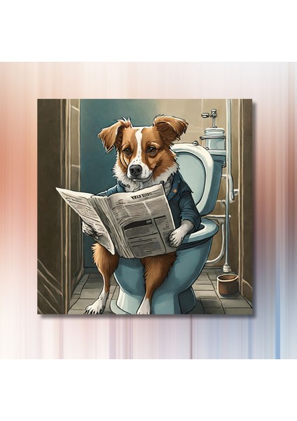 Tekli Kare Kanvas Banyo Tablosu Gazete Okuyan Border Coli Köpek