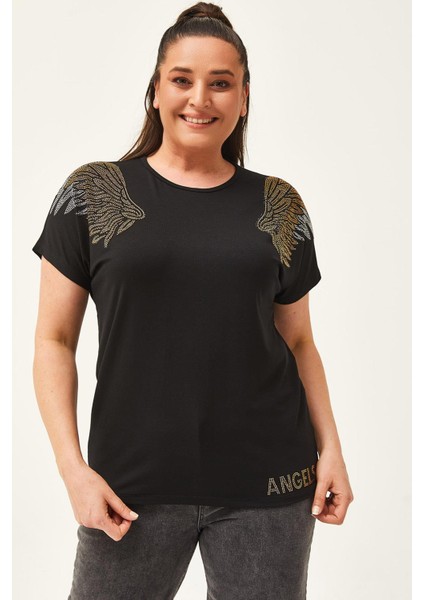 Kadın Büyük Beden Angels Taş Baskılı Siyah Bluz fiyatları