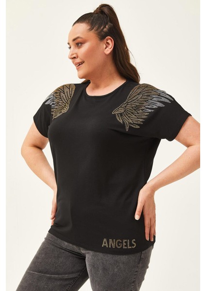 Kadın Büyük Beden Angels Taş Baskılı Siyah Bluz indirimleri