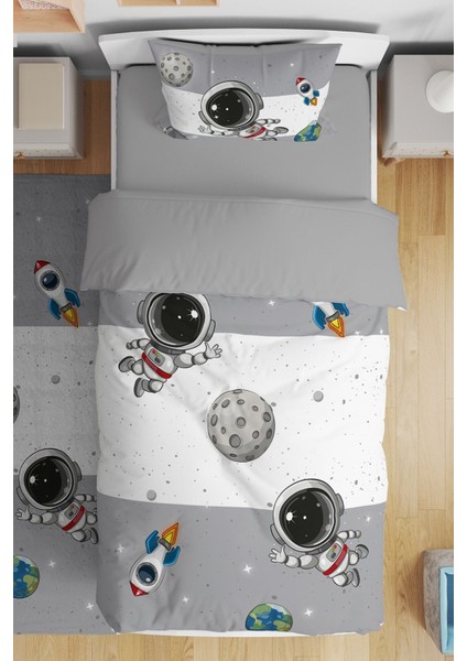 Kids Bebek&çocuk&genç Odası Gri Beyaz Astronot Temalı Pamuklu Organik Nevresi Takımı 160X220CM