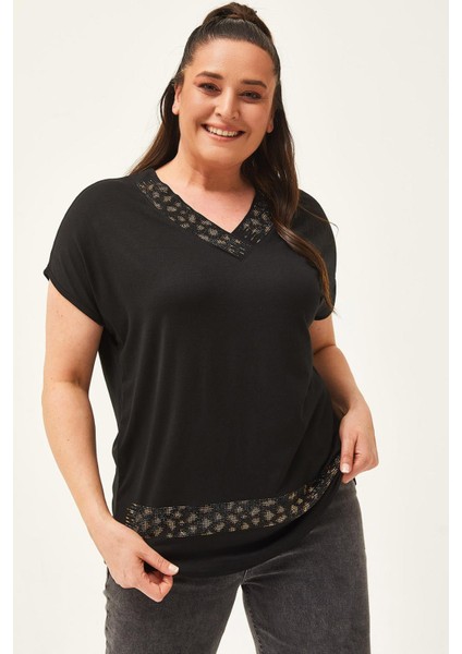 Kadın Büyük Beden Yaka ve Etek Leopar Taş Detay Siyah-Kahve Bluz