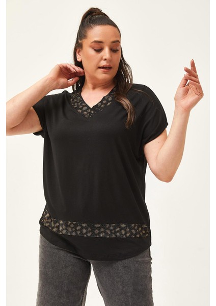 Kadın Büyük Beden Yaka ve Etek Leopar Taş Detay Siyah-Kahve Bluz fırsatları