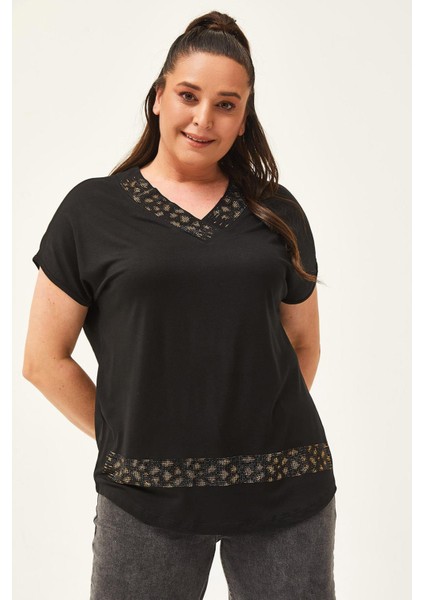 Kadın Büyük Beden Yaka ve Etek Leopar Taş Detay Siyah-Kahve Bluz indirimleri