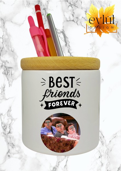 Friends Ross Joey Chandler Baskılı Seramik Kalemlik Ahşap Detaylı Kalem Kutusu Doğum Günü Hediyesi