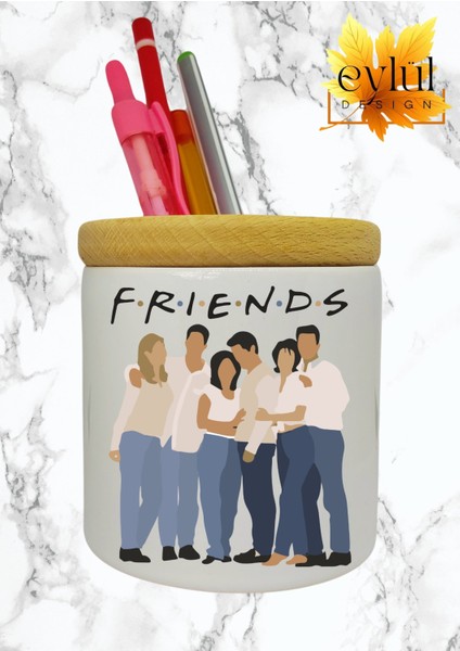 Friends Karakterler Baskılı Seramik Kalemlik Ahşap Detaylı Kalem Kutusu Doğum Günü Hediyesi
