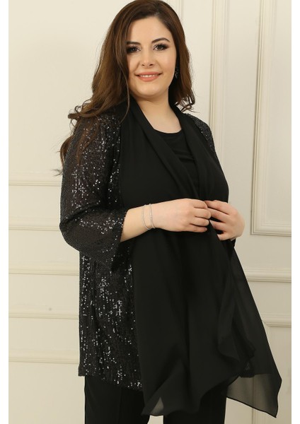 Içi Kolsuz Bluz Şal Yaka Şifon Detaylı Pulpayet Ceket Büyük Beden 2 'li Takım fiyatları