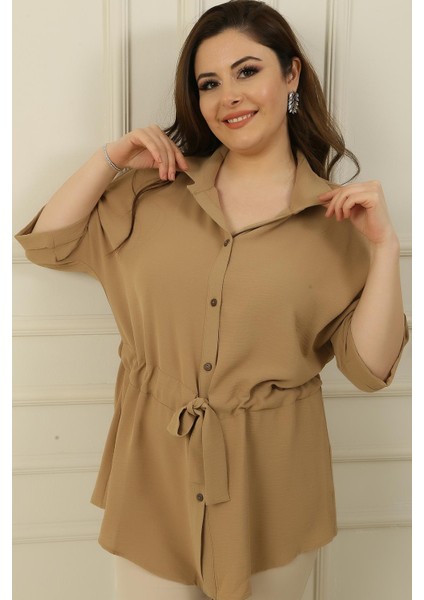Beli Kuşaklı Önü Düğmeli Büyük Beden Ayrobin Tunik Gömlek modelleri