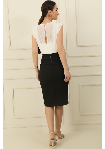 Üstü Pileli Şifon Beli Kemerli Krep Elbise fırsatları