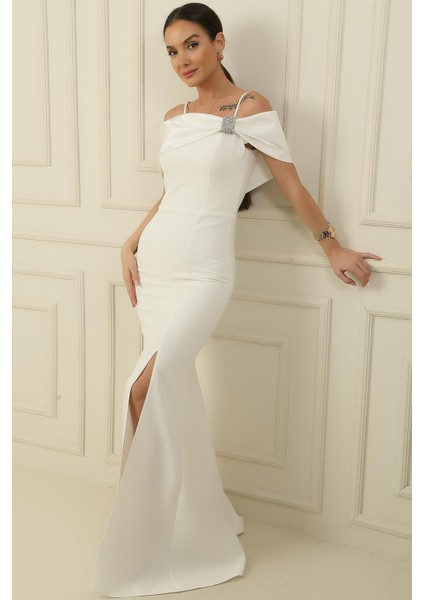 Ip Askılı Balenli Yakası Garnili Taşlı Astarlı Ithal Krep Full Telalı Uzun Elbise