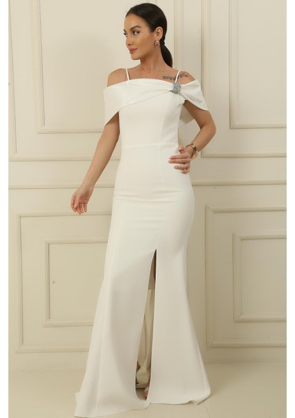 Ip Askılı Balenli Yakası Garnili Taşlı Astarlı Ithal Krep Full Telalı Uzun Elbise fiyatları