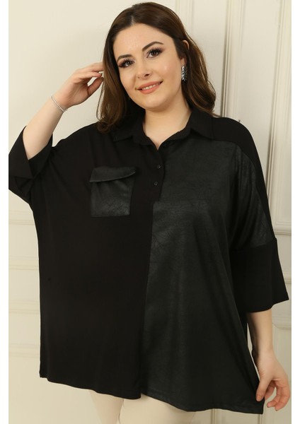 Deri Garnili Tek Cepli Düğmeli Yarasa Kol Büyük Beden Çilek Bluz