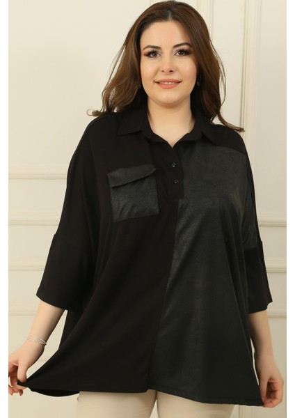 Deri Garnili Tek Cepli Düğmeli Yarasa Kol Büyük Beden Çilek Bluz fiyatları