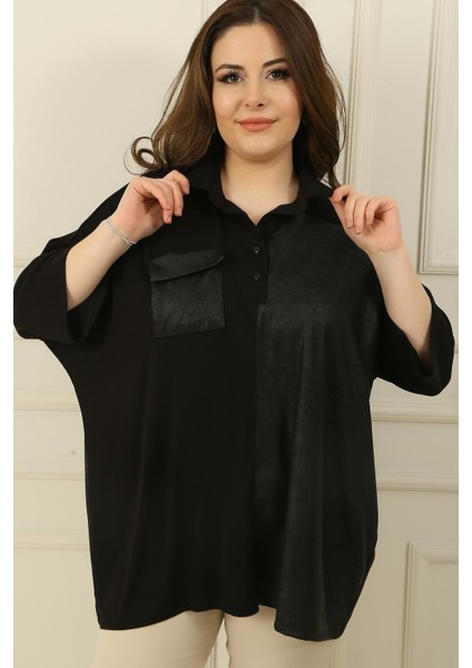 Deri Garnili Tek Cepli Düğmeli Yarasa Kol Büyük Beden Çilek Bluz modelleri