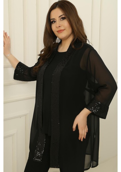 Şal Yaka Pulpayet Detaylı Şifon Ceket Içi Kolsuz Bluz Büyük Beden 2'li Takım