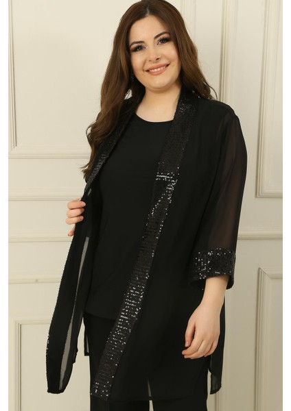 Şal Yaka Pulpayet Detaylı Şifon Ceket Içi Kolsuz Bluz Büyük Beden 2'li Takım fiyatları