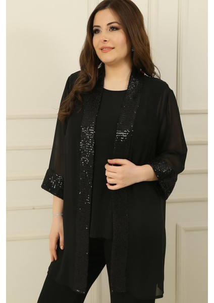 Şal Yaka Pulpayet Detaylı Şifon Ceket Içi Kolsuz Bluz Büyük Beden 2'li Takım modelleri