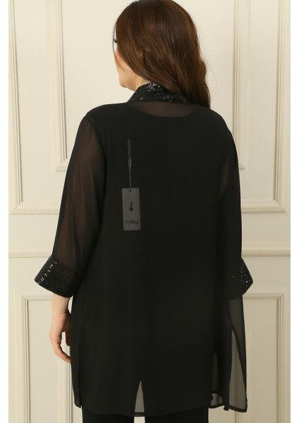 Şal Yaka Pulpayet Detaylı Şifon Ceket Içi Kolsuz Bluz Büyük Beden 2'li Takım fırsatları