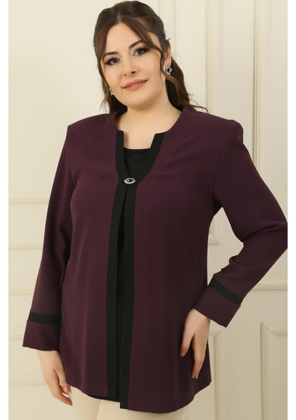 Içi Likralı Atlet Omuzlar Vatkalı Garnili Büyük Beden Krep Ceket 2'li Takım