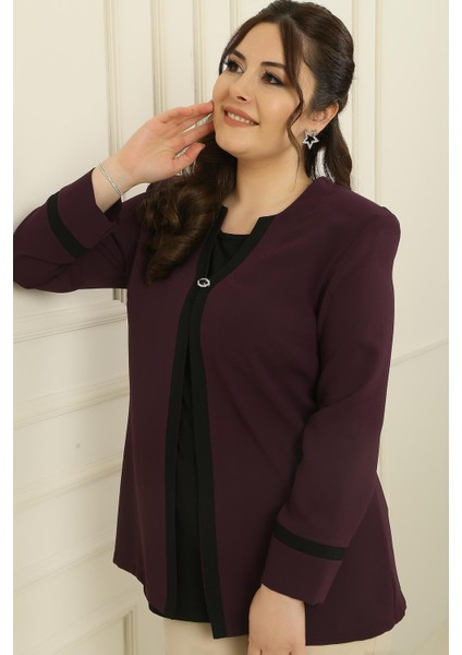 Içi Likralı Atlet Omuzlar Vatkalı Garnili Büyük Beden Krep Ceket 2'li Takım fiyatları