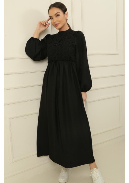 Güpürlü Keten Efekt Uzun Elbise