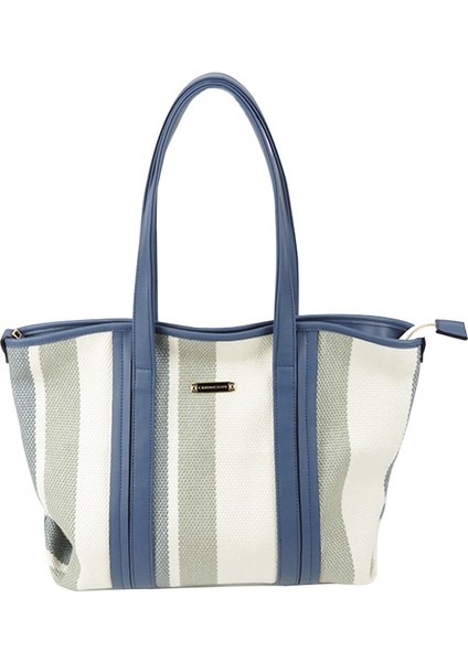 Kadın Mavi ve Beyaz Çizgili Omuz Çantası Büyük Kapasiteli Tote Çanta (Yurt Dışından)