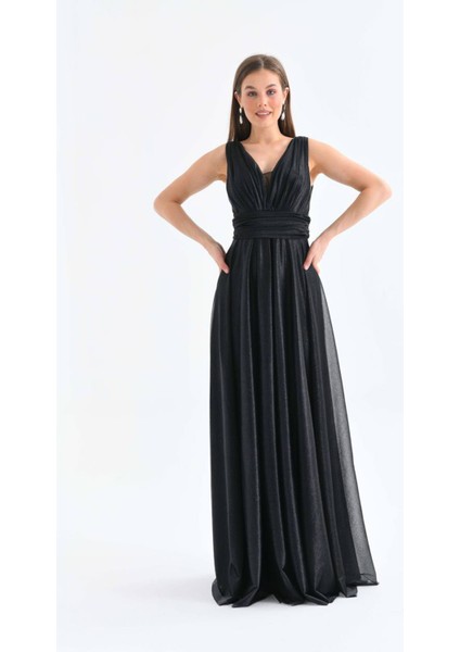 Kadın Siyah V Yaka Simli Tül Abiye Elbise Nbs9223 modelleri