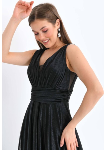 Kadın Siyah V Yaka Simli Tül Abiye Elbise Nbs9223 fırsatları