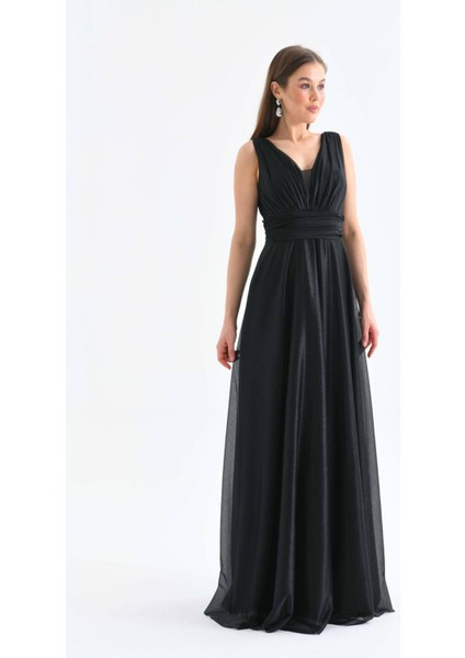 Kadın Siyah V Yaka Simli Tül Abiye Elbise Nbs9223 indirimleri