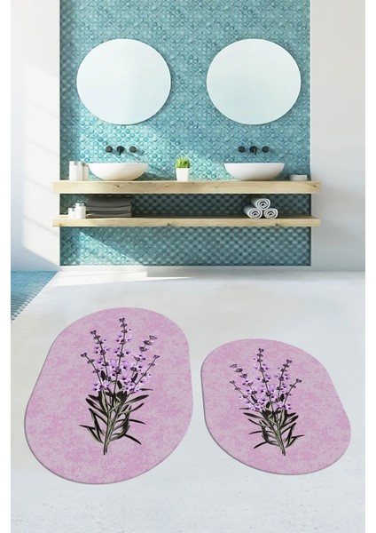 Dijital Baskılı Yıkanabilir Modern Çiçekli Ikili Banyo Halısı Paspas Oval, Klozet-29-Pembe,