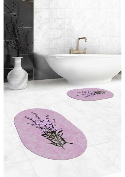 Dijital Baskılı Yıkanabilir Modern Çiçekli Ikili Banyo Halısı Paspas Oval, Klozet-29-Pembe, fiyatları