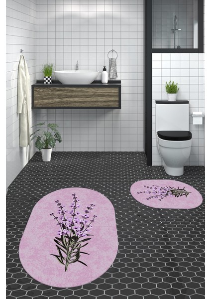 Dijital Baskılı Yıkanabilir Modern Çiçekli Ikili Banyo Halısı Paspas Oval, Klozet-29-Pembe, modelleri