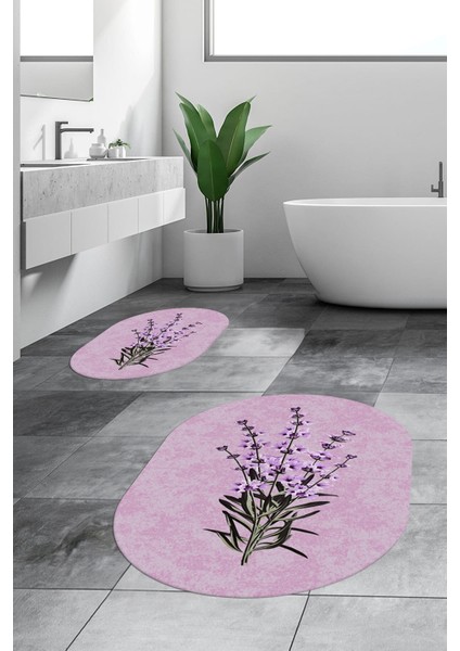 Dijital Baskılı Yıkanabilir Modern Çiçekli Ikili Banyo Halısı Paspas Oval, Klozet-29-Pembe, fırsatları