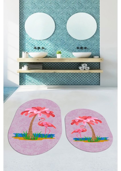 Dijital Baskılı Yıkanabilir Flamingo Desenli Ikili Banyo Halısı Paspas Oval, Klozet-30-Pembe,