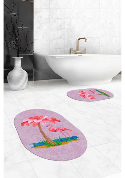Dijital Baskılı Yıkanabilir Flamingo Desenli Ikili Banyo Halısı Paspas Oval, Klozet-30-Pembe, fiyatları