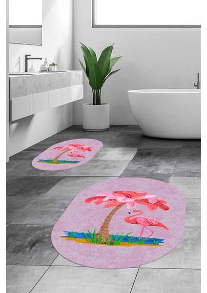 Dijital Baskılı Yıkanabilir Flamingo Desenli Ikili Banyo Halısı Paspas Oval, Klozet-30-Pembe, fırsatları