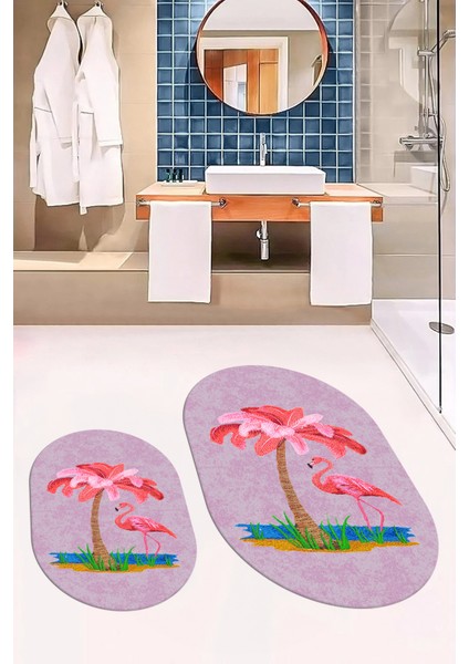 Dijital Baskılı Yıkanabilir Flamingo Desenli Ikili Banyo Halısı Paspas Oval, Klozet-30-Pembe, indirimleri