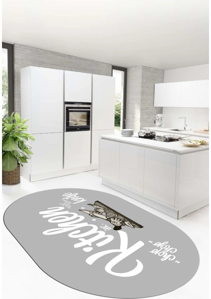 Kitchen Yazılı Modern Kaymaz Taban Yıkanabilir Oval Mutfak Halısı, O-Mutfak-41-Gri-Beyaz,