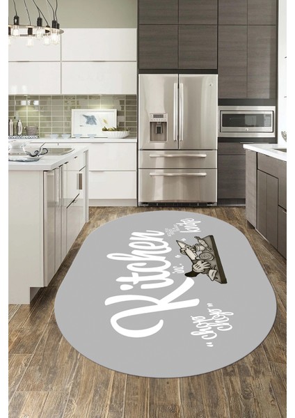 Kitchen Yazılı Modern Kaymaz Taban Yıkanabilir Oval Mutfak Halısı, O-Mutfak-41-Gri-Beyaz, fırsatları