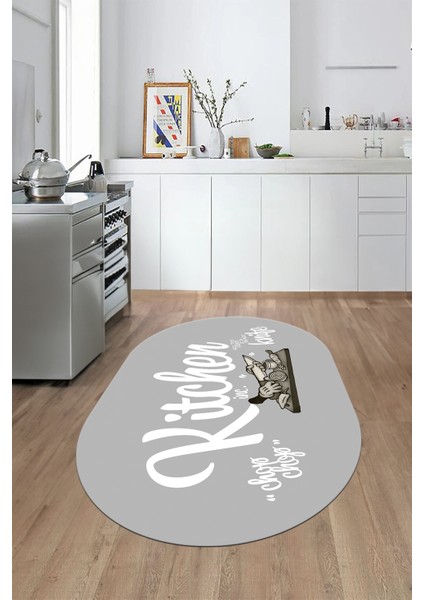 Kitchen Yazılı Modern Kaymaz Taban Yıkanabilir Oval Mutfak Halısı, O-Mutfak-41-Gri-Beyaz, indirimleri